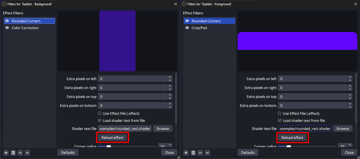 Reload the Rounded Corner filters for the Tasklist-Background and Tasklist-Foreground sources.